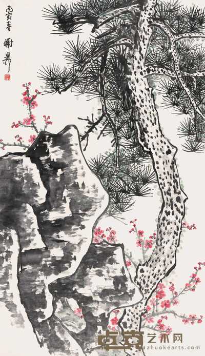 谢稚柳 1986年作 松石图 立轴 114×67.5cm